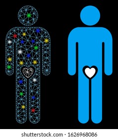 Glossy mesh lover guy icon with lightspot effect. Abstract illuminated model of lover guy. Shiny wire frame triangular mesh lover guy icon. Vector abstraction on a black background.