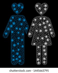 Glossy mesh lovers with glare effect. Abstract illuminated model of lovers icon. Shiny wire carcass triangular mesh lovers. Vector abstraction on a black background.