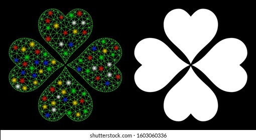 Glossy mesh lucky cloever icon with glare effect. Abstract illuminated model of lucky cloever. Shiny wire frame polygonal network lucky cloever icon. Vector abstraction on a black background.