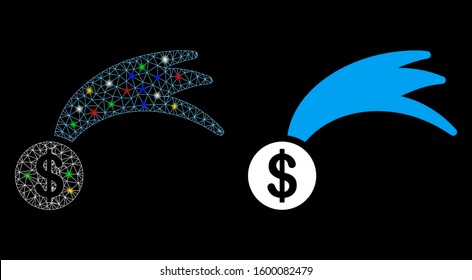 Glossy mesh lucky falling dollar icon with glow effect. Abstract illuminated model of lucky falling dollar. Shiny wire frame triangular mesh lucky falling dollar icon.