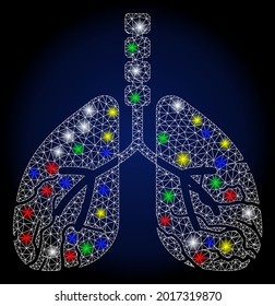Glossy mesh lungs cancer with glare effect. Abstract illuminated vector model of lungs cancer icon on a dark blue gradiented background. White wire frame triangular mesh lungs cancer.