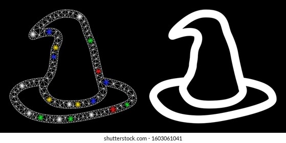 Glossy mesh magic hat icon with sparkle effect. Abstract illuminated model of magic hat. Shiny wire frame polygonal mesh magic hat icon. Vector abstraction on a black background.