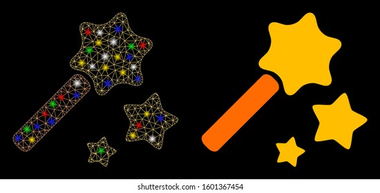 Glossy mesh magic wand icon with glitter effect. Abstract illuminated model of magic wand. Shiny wire carcass polygonal mesh magic wand icon. Vector abstraction on a black background.