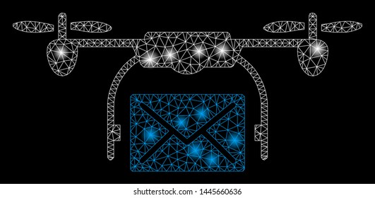 Glossy mesh mail delivery drone with glitter effect. Abstract illuminated model of mail delivery drone icon. Shiny wire carcass polygonal mesh mail delivery drone.