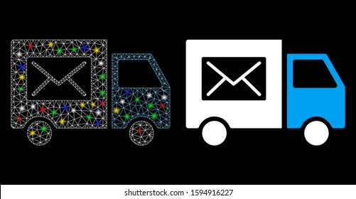 Glossy mesh mail delivery van icon with glare effect. Abstract illuminated model of mail delivery van. Shiny wire carcass polygonal network mail delivery van icon.