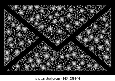 Glossy mesh mail with glare effect. Abstract illuminated model of mail icon. Shiny wire carcass triangular mesh mail. Vector abstraction on a black background.
