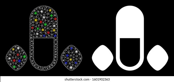 Glossy mesh male power pills icon with lightspot effect. Abstract illuminated model of male power pills. Shiny wire carcass triangular mesh male power pills icon.