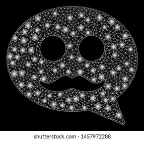 Glossy mesh male smiley message with glare effect. Abstract illuminated model of male smiley message icon. Shiny wire frame triangular mesh male smiley message.