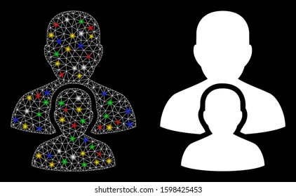 Glossy mesh man child icon with lightspot effect. Abstract illuminated model of man child. Shiny wire carcass triangular mesh man child icon. Vector abstraction on a black background.