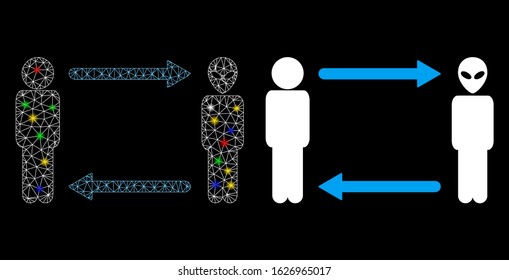 Glossy mesh man exchange alien icon with sparkle effect. Abstract illuminated model of man exchange alien. Shiny wire frame triangular mesh man exchange alien icon.
