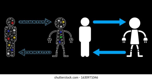 Glossy mesh man exchange robot icon with glare effect. Abstract illuminated model of man exchange robot. Shiny wire carcass polygonal mesh man exchange robot icon.