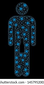 Glossy mesh man with glare effect. Abstract illuminated model of man icon. Shiny wire carcass polygonal mesh man. Vector abstraction on a black background.