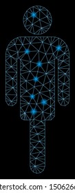 Glossy mesh man with glare effect. Abstract illuminated model of man icon. Shiny wire frame polygonal mesh man. Vector abstraction on a black background. Abstract 2d mesh designed with triangles,