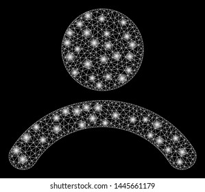 Glossy mesh man with glitter effect. Abstract illuminated model of man icon. Shiny wire carcass polygonal mesh man. Vector abstraction on a black background.