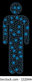 Glossy mesh man with glitter effect. Abstract illuminated model of man icon. Shiny wire frame triangular network man. Vector abstraction on a black background.