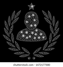 Glossy mesh man glory laurel emblem with glow effect. Abstract illuminated model of man glory laurel emblem icon. Shiny wire carcass polygonal mesh man glory laurel emblem.