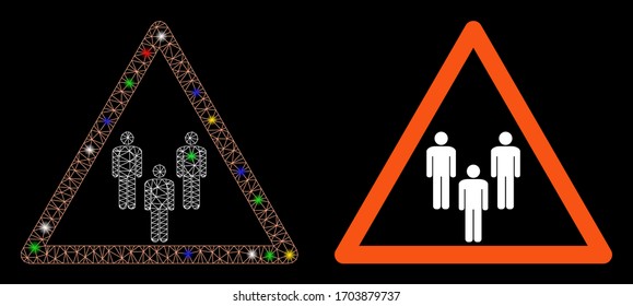 Glossy mesh man group warning with glow effect. Abstract illuminated model of man group warning icon. White wire frame polygonal mesh man group warning and base icon.