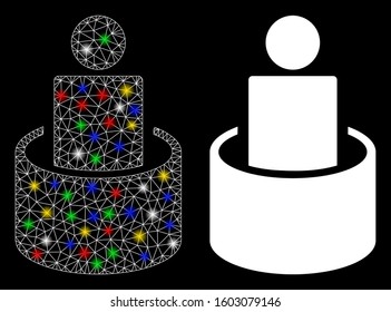 Glossy mesh man isolation icon with glare effect. Abstract illuminated model of man isolation. Shiny wire frame polygonal network man isolation icon. Vector abstraction on a black background.