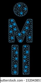 Glossy mesh man with lightspot effect. Abstract illuminated model of man icon. Shiny wire carcass triangular mesh man. Vector abstraction on a black background.