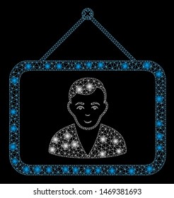 Glossy mesh man portrait with sparkle effect. Abstract illuminated model of man portrait icon. Shiny wire frame polygonal mesh man portrait. Vector abstraction on a black background.