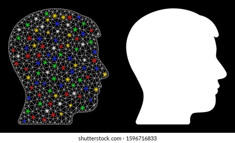 Glossy mesh man profile icon with lightspot effect. Abstract illuminated model of man profile. Shiny wire frame polygonal mesh man profile icon. Vector abstraction on a black background.