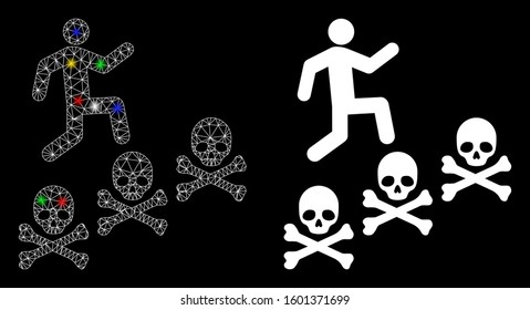 Glossy mesh man steps deaths icon with glow effect. Abstract illuminated model of man steps deaths. Shiny wire carcass polygonal mesh man steps deaths icon. Vector abstraction on a black background.
