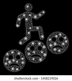 Glossy mesh man steps sad smiles with glitter effect. Abstract illuminated model of man steps sad smiles icon. Shiny wire frame triangular network man steps sad smiles.