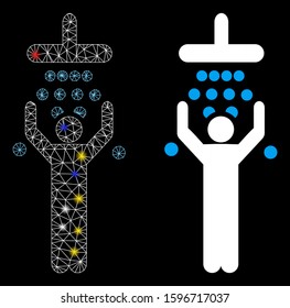 Glossy mesh man under shower icon with lightspot effect. Abstract illuminated model of man under shower. Shiny wire carcass triangular mesh man under shower icon.