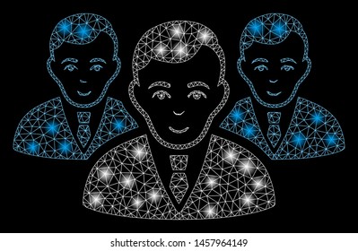 Glossy mesh manager group with glare effect. Abstract illuminated model of manager group icon. Shiny wire carcass polygonal mesh manager group. Vector abstraction on a black background.