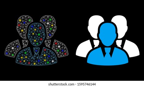 Glossy mesh manager group icon with lightspot effect. Abstract illuminated model of manager group. Shiny wire frame triangular mesh manager group icon. Vector abstraction on a black background.