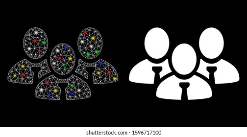 Glossy mesh manager group icon with glow effect. Abstract illuminated model of manager group. Shiny wire frame polygonal network manager group icon. Vector abstraction on a black background.