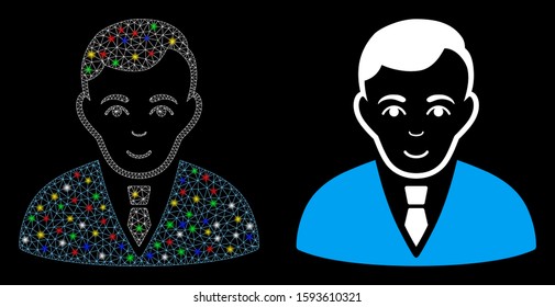 Glossy mesh manager icon with glitter effect. Abstract illuminated model of manager. Shiny wire carcass polygonal network manager icon. Vector abstraction on a black background.