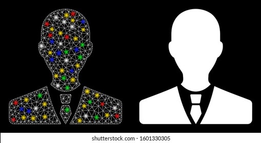 Glossy mesh manager icon with glitter effect. Abstract illuminated model of manager. Shiny wire carcass polygonal mesh manager icon. Vector abstraction on a black background.