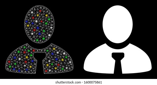 Glossy mesh manager icon with lightspot effect. Abstract illuminated model of manager. Shiny wire frame triangular mesh manager icon. Vector abstraction on a black background.