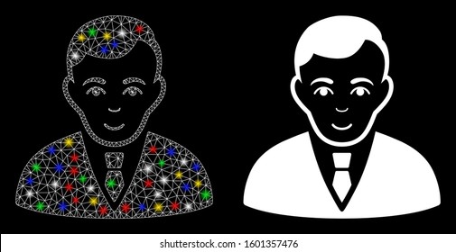 Glossy mesh manager icon with lightspot effect. Abstract illuminated model of manager. Shiny wire frame triangular mesh manager icon. Vector abstraction on a black background.