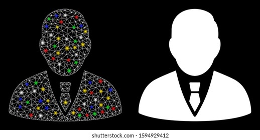 Glossy mesh manager icon with sparkle effect. Abstract illuminated model of manager. Shiny wire carcass polygonal mesh manager icon. Vector abstraction on a black background.