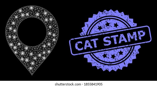 Glossy mesh map mark with light spots, and Cat Stamp dirty ribbon stamp. Blue stamp seal contains Cat Stamp title inside rosette. Illuminated vector model created from map mark icon.