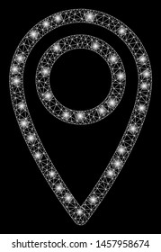 Glossy mesh map marker with glitter effect. Abstract illuminated model of map marker icon. Shiny wire frame triangular mesh map marker. Vector abstraction on a black background.