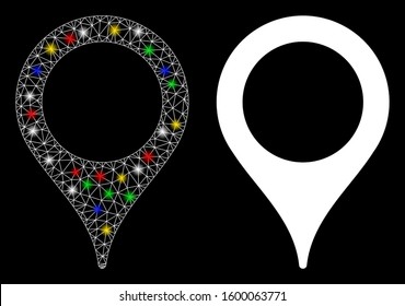 Glossy mesh map marker icon with glare effect. Abstract illuminated model of map marker. Shiny wire frame polygonal mesh map marker icon. Vector abstraction on a black background.