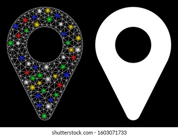 Glossy mesh map marker icon with glare effect. Abstract illuminated model of map marker. Shiny wire carcass triangular mesh map marker icon. Vector abstraction on a black background.
