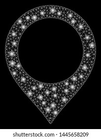 Glossy mesh map marker with lightspot effect. Abstract illuminated model of map marker icon. Shiny wire carcass polygonal network map marker. Vector abstraction on a black background.