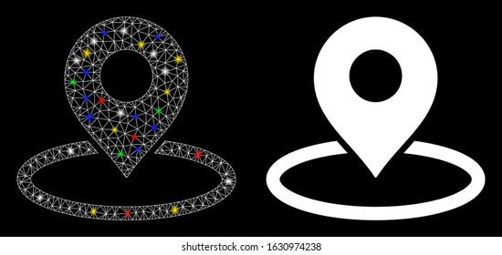 Ícone de localização do marcador do mapa de malha brilhante com efeito de spot luminoso. Modelo iluminado abstrato da localização do marcador do mapa. Ícone de localização do marcador de mapa de malha poligonal de carcaça de arame brilhante.