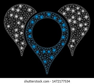 Glossy mesh map markers with glare effect. Abstract illuminated model of map markers icon. Shiny wire carcass polygonal mesh map markers. Vector abstraction on a black background.