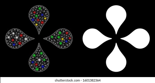 Glossy mesh map markers icon with glare effect. Abstract illuminated model of map markers. Shiny wire carcass triangular network map markers icon. Vector abstraction on a black background.