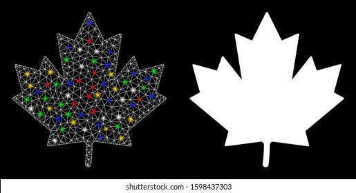 Glossy mesh maple leaf icon with lightspot effect. Abstract illuminated model of maple leaf. Shiny wire frame triangular mesh maple leaf icon. Vector abstraction on a black background.