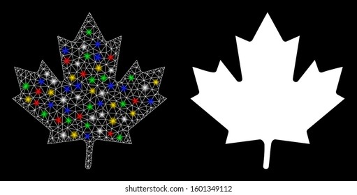 Glossy mesh maple leaf icon with glare effect. Abstract illuminated model of maple leaf. Shiny wire frame polygonal mesh maple leaf icon. Vector abstraction on a black background.
