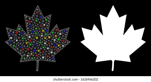 Glossy mesh maple leaf icon with glow effect. Abstract illuminated model of maple leaf. Shiny wire frame polygonal mesh maple leaf icon. Vector abstraction on a black background.