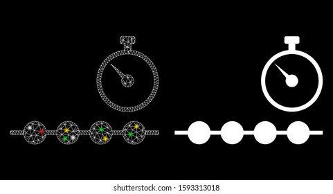 Glossy mesh marked time line icon with sparkle effect. Abstract illuminated model of marked time line. Shiny wire carcass triangular mesh marked time line icon.