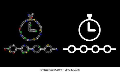 Glossy mesh marked timeline icon with glare effect. Abstract illuminated model of marked timeline. Shiny wire frame triangular mesh marked timeline icon. Vector abstraction on a black background.