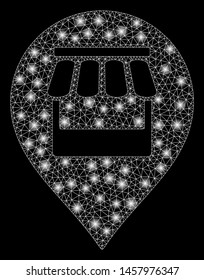 Glossy mesh market marker with glare effect. Abstract illuminated model of market marker icon. Shiny wire frame triangular mesh market marker. Vector abstraction on a black background.